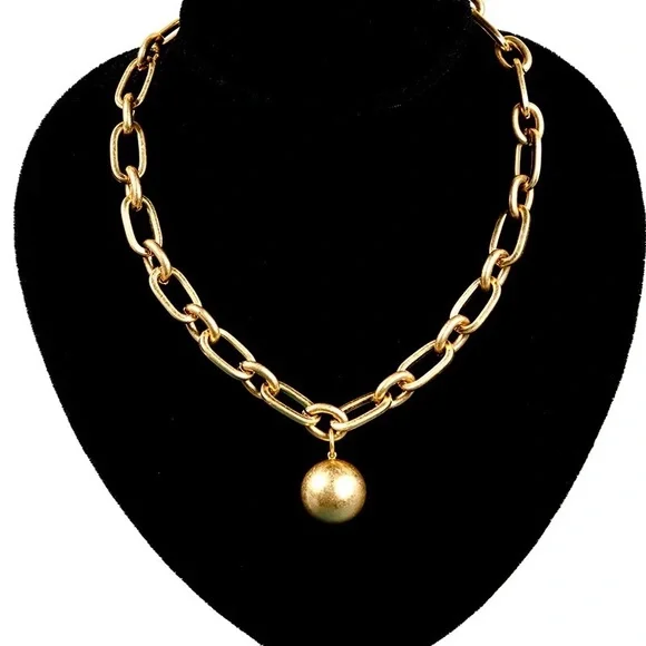 Zara Ball and Chain Matte Textured Gold Pendant Oval Circle Link Necklace Metal